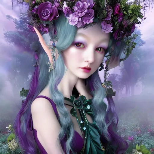 Image similar to Ethereal, mysterious stunning maximalist mesmerizing elven girl with elf ears from the rainbow sky paradise, high-tech, Victorian gothic lolita fashion, by Mark Ryden, artgerm, Hiroyuki-Mitsume Takahashi, WLOP, Goto Fujita, 奈良美智, Pixiv 3DCG, DAZ Studio, highly detailed, photorealistic, 8k resolution 3D, cinematic, dynamic lighting, octane render