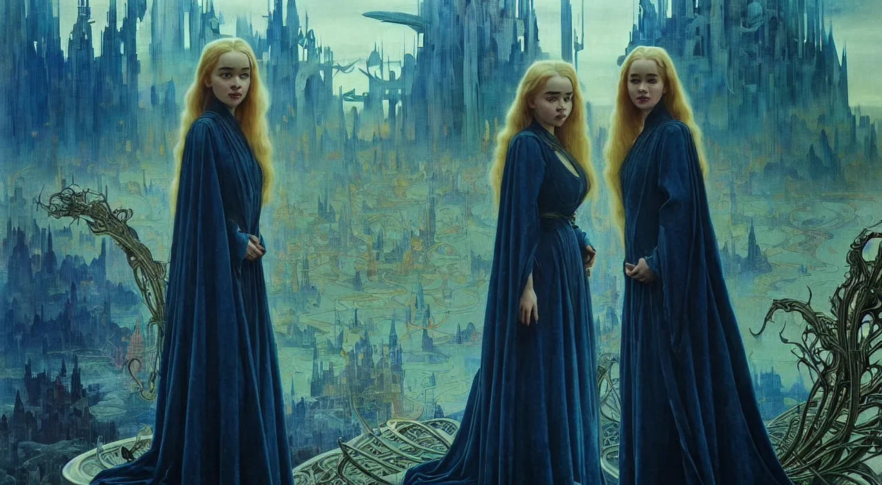 Image similar to realistic detailed portrait movie shot of a young woman who is a mix of emilia clarke and dove cameron wearing dark robes, sci fi city landscape background by denis villeneuve, amano, yves tanguy, alphonse mucha, ernst haeckel, max ernst, roger dean, masterpiece, rich moody colours, blue eyes, occult