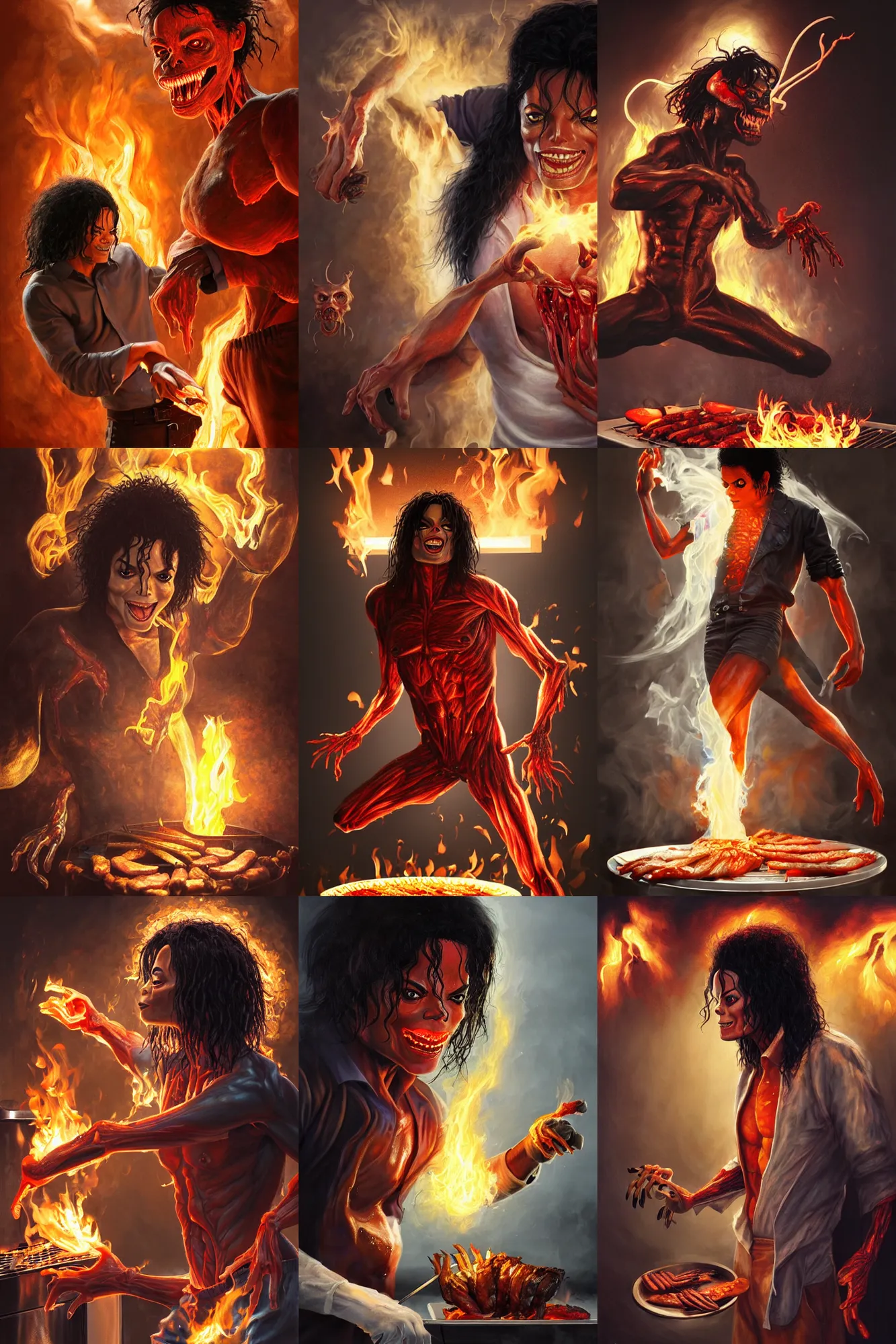 Prompt: michael jackson cooking a bbq as a demon, anatomy, bathed in light, highly detailed, photorealistic, artstation, smooth, sharp focus, illustration, unreal engine 5, 8 k, art by artgerm and greg rutkowski and edgar maxence