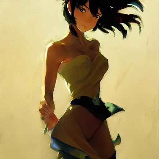 Image similar to greg manchess painting of an anime woman, direct flash photography at night, makoto shinkai