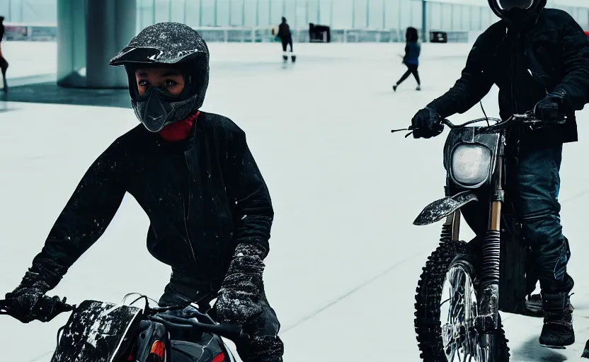 Image similar to cinestill 5 0 d candid photographic portrait by helen levitt of a mixed teen wearing rugged black mesh techwear riding on a dirtbike through an airport under siege, extreme closeup, modern cyberpunk moody emotional cinematic, snow storm, 8 k, hd, high resolution, 3 5 mm, f / 3 2, ultra realistic faces, ex machina