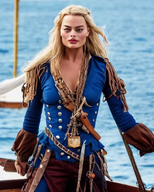 Image similar to a photo of blue eyed margot robbie as a pirate, cinematic, award winning, 4k