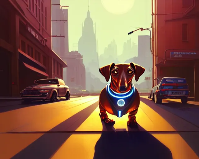 Image similar to completely mechanical robotic dachshund, hyper - realistic, gta v cover art, celshading, sharp focus, intricate, detailed, rhads, andreas rocha, makoto shinkai, lois van baarle, ilya kuvshinov, greg rutkowski, dynamic lighting, grunge aesthetic, 4 k