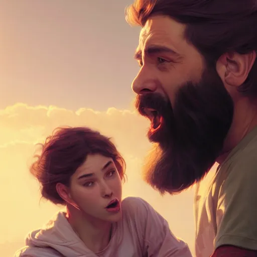 Prompt: bearded man is yelling at a teenage girl, highly detailed, professional digital painting, unreal engine 5, photorealism, hd quality, 8 k resolution, cinema 4 d, 3 d, cinematic, art by artgerm and greg rutkowski and alphonse mucha and loish and wlop