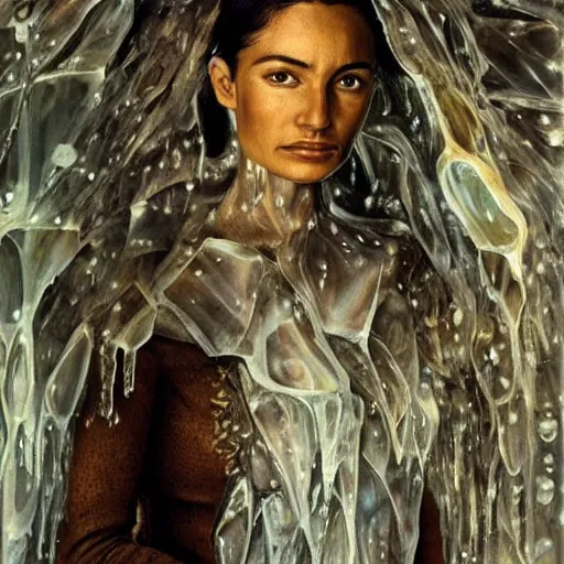 Prompt: a brown woman wearing an intricate armor made of many layers of ice. no makeup!! pointed stalactite hair. freckles!! haunting eyes. elaborate. ice caves. glaciers. refracted light. delicate. translucent. by ray cesar. by louise dahl - wolfe. by andrea kowch.