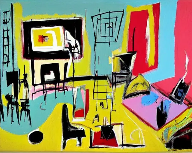 Image similar to painting of an empty living room by graham sutherland, basquiat, neo - expressionism, pastel colors!!!