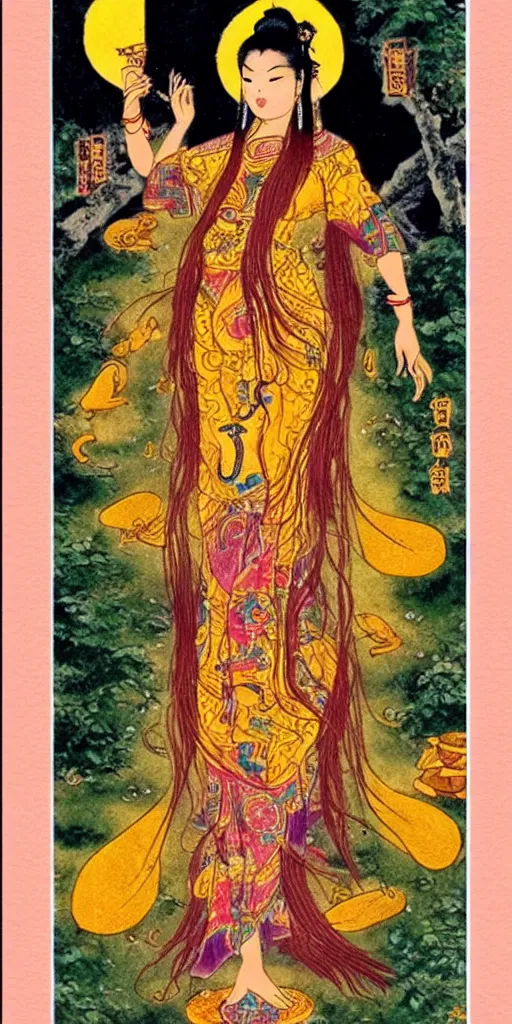 Image similar to asian goddess of bliss and honey, silk flowing in wind, totemic ritualistic tarot sigils, photo