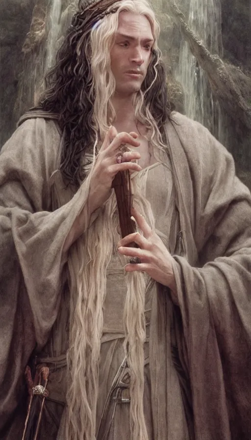 Image similar to epic masterpiece portrait lord of the rings in dungeons and dragons, long robe, sweaty skin, hyperrealistic, octane render, cinematic, beautiful face and flawless skin, perfect hands, 5 fingers, by Edgar Maxence and Ross Tran and Michael Whelan, Legends of Runeterra