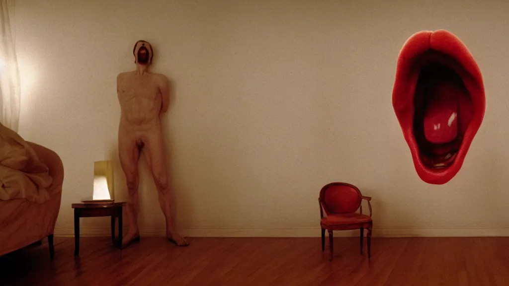 Image similar to the giant tongue in our living room, film still from the movie directed by Wes Anderson with art direction by Zdzisław Beksiński, wide lens