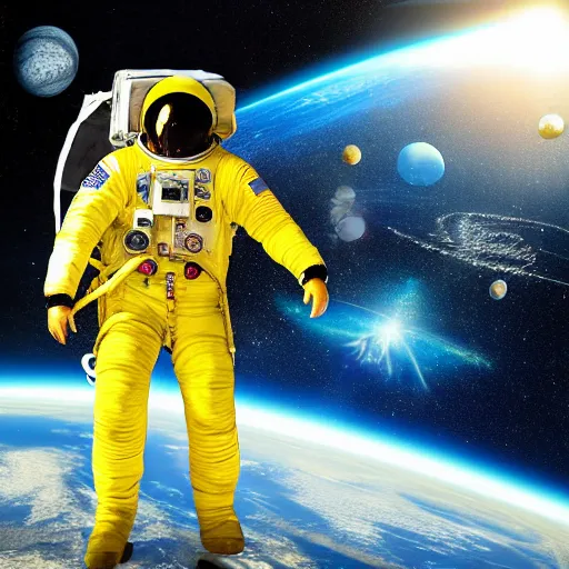 Image similar to astronaut in space, galactic background reflections on suit on one side and a yellow planet on the other side