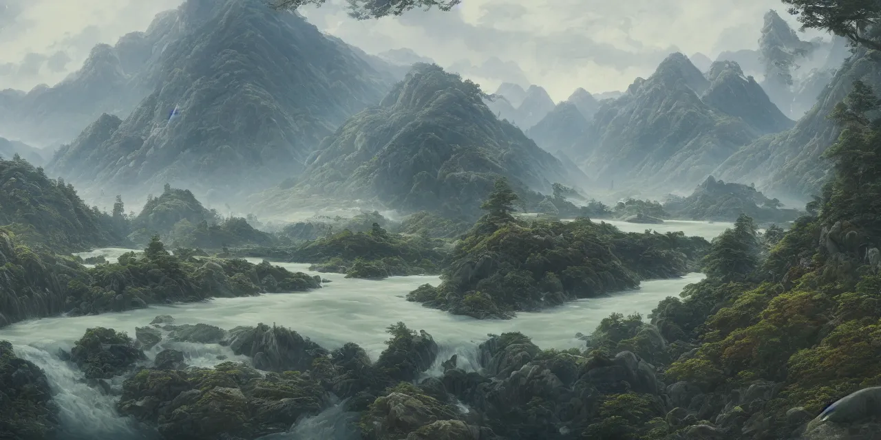 Image similar to a beautiful painting of a scene about a panorama of rivers and mountains, by james jean and yuumei and wang ximeng, trending on artstation., ultrawide viewn and highly detailed matte painting