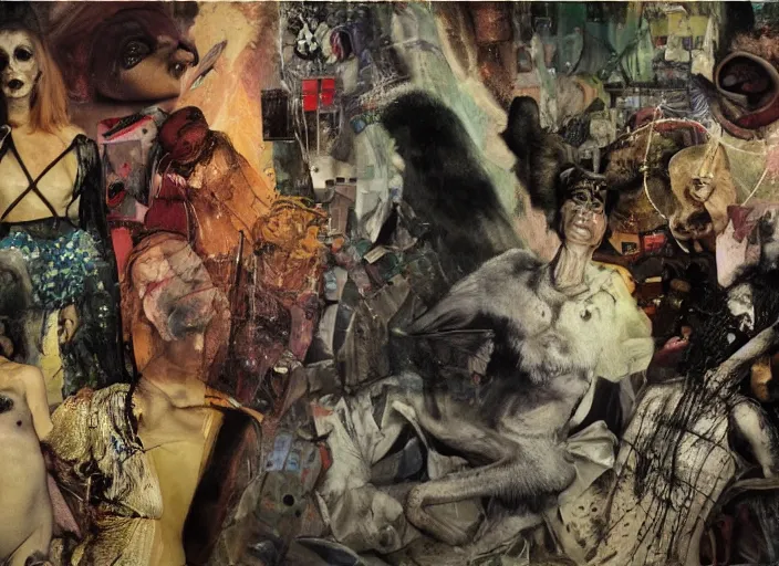 Image similar to wild underground scene from a 7 0's movie by chris cunningham, kenneth anger and alejandro jodorowsky : : surreal dream scene of actresses turning into animals in urban setting : : close - up, concept art, painting by enki bilal, tim walker, adrian ghenie 4 k