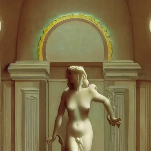 Prompt: a goddess in a liminal room, film still by canova, limited color palette, very intricate, art nouveau, highly detailed, lights by hopper, soft pastel colors, minimalist