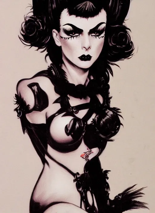 Image similar to of a goth girl burlesque psychobilly punk, detailed face, black hair, white background, drawing, illustration by frank frazetta