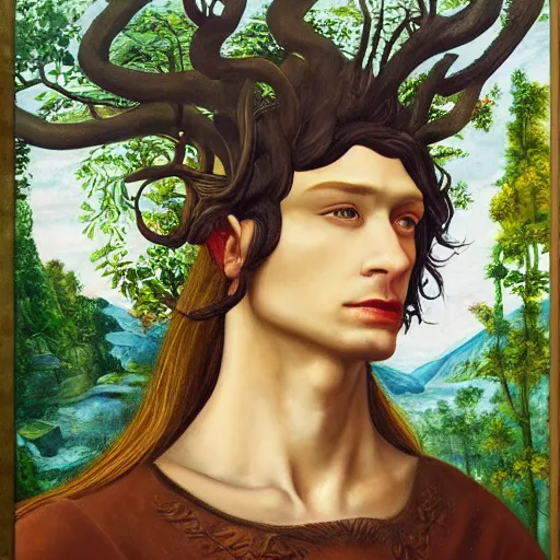 Image similar to Portrait of an elven king in a lush forest. Oil painting in the style of Botticelli. Fantasy art. 4k.