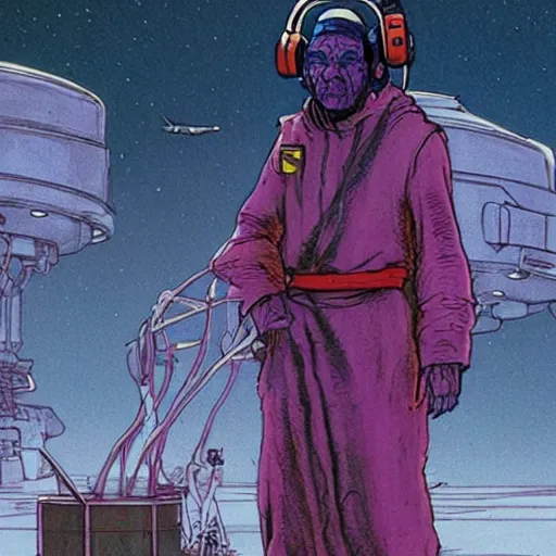 Image similar to Beggar priest with cyberpunk headset in busy spaceport on luna 5 colony. Concept art by James Gurney and Mœbius.