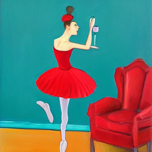 Image similar to painting of a ballerina drinking wine in a teal room, red background