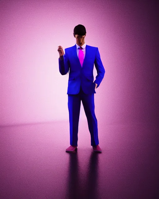 Prompt: man in blue suit with pink tie and purple shirt pondering, hyper realism, cinematic, volumetric lighting, intricate complexity, extremely detailed,