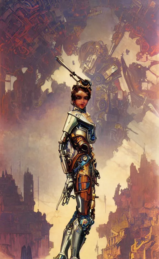 Image similar to exquisite imaginative cybermechanical girl in armor poster art, movie art, by lucasfilm, weta studio, alphonso mucha, james jean, frank frazetta, 8 k, denoised, sharp, crisp, high quality