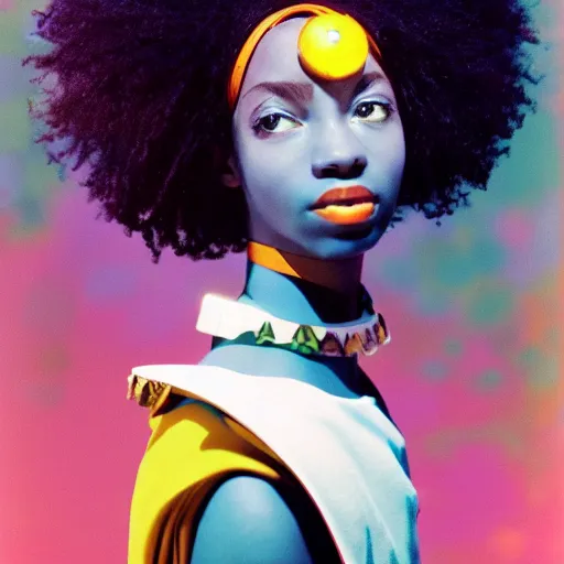 Image similar to head and shoulders portrait of an afrofuturism anime magical girl, color Graflex photograph