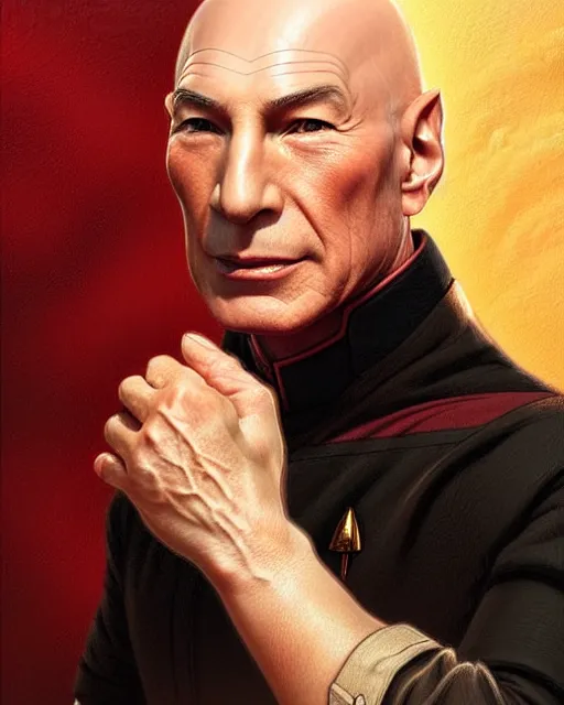 Image similar to Portrait of Jean Luc Picard but he is chinese, real life skin, intricate, elegant, highly detailed, artstation, concept art, smooth, sharp focus, art by artgerm and greg rutkowski and alphonse mucha