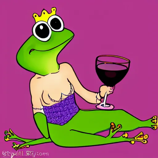 Prompt: princess frog drinking red wine, by style loish