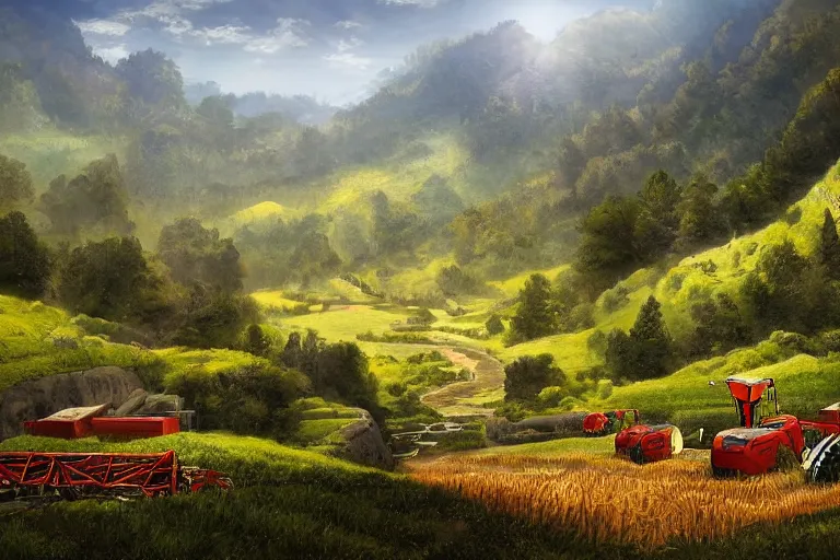 Prompt: digital masterpiece artwork of robots farming on a hillside overlooking a creek, by peter alexander