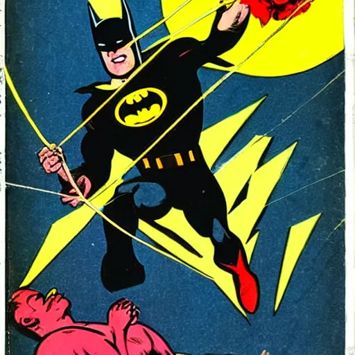 Prompt: Batman holding a hamster as he swings from a web, vintage comic book style