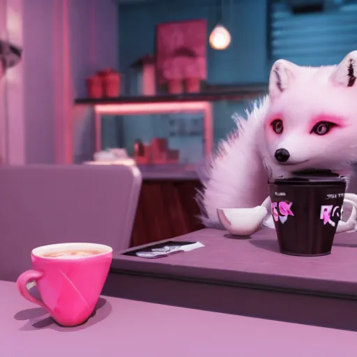 Prompt: captain janeway sharing coffee with a robotic fox with pink hair, inside a french cafe, 3 d render, hdr 8 k octane engine, unreal engine 5