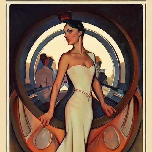 Image similar to a streamline moderne painting in the style of mort kunstler, and in the style of charlie bowater, and in the style of alphonse mucha. symmetry, smooth, sharp focus, semi - realism, intricate detail.