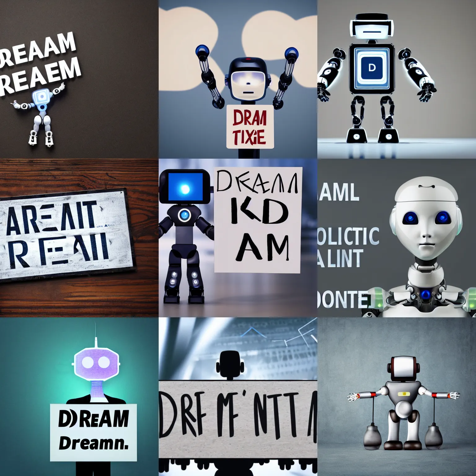 Image similar to artificial intelligence robot holding a sign with text that reads : dream