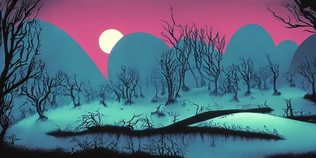 Image similar to a night landscape background, rob gonsavles, eyvind earle, nightmare before christmas