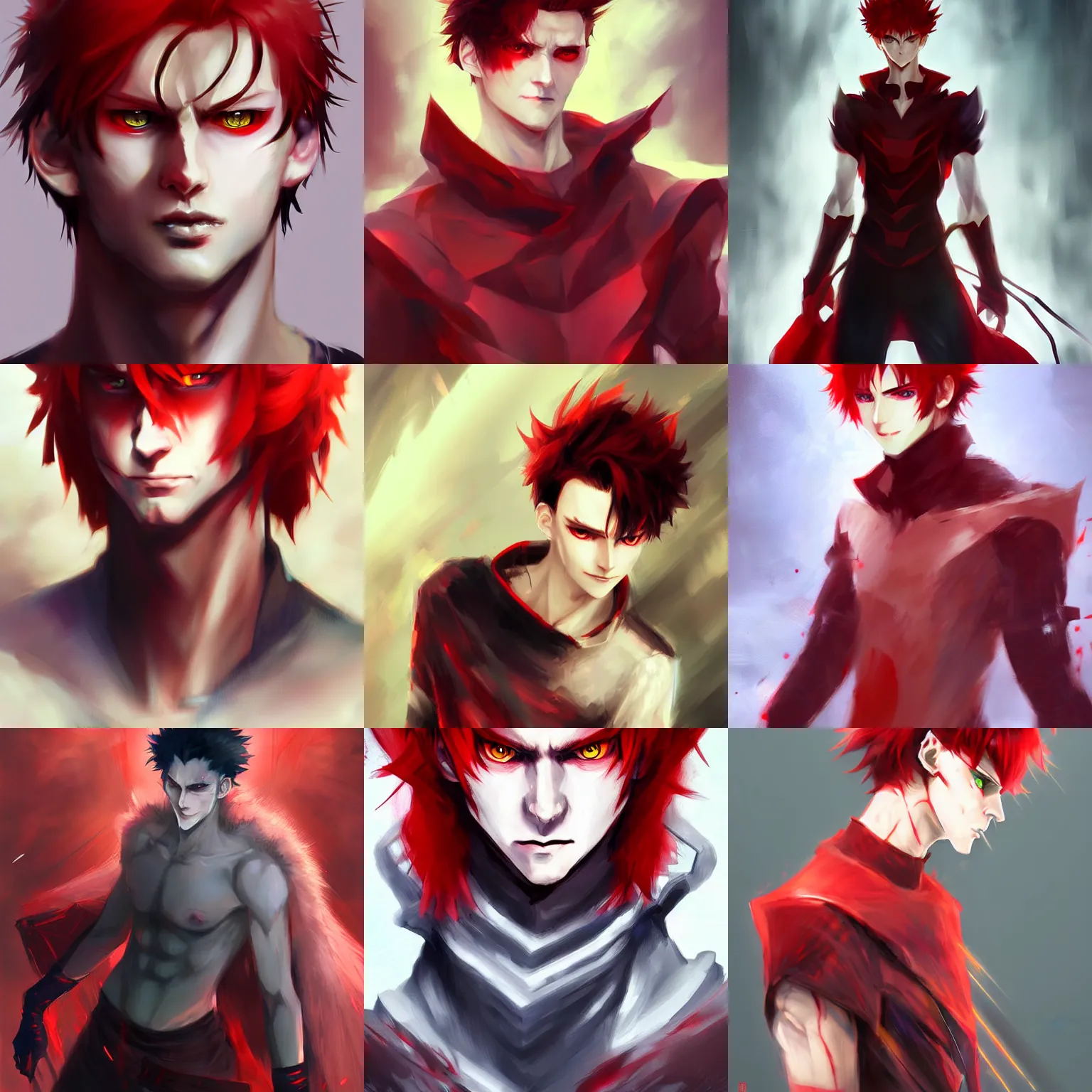 Prompt: portrait of anime male 2 0 years old male evil sharp features very very narrow yellow eyes red red soft tousled crimson hair smirk anime pixiv fanbox concept art, matte, sharp focus hisoka morow tom hiddleston mashup art by wlop ruan jia