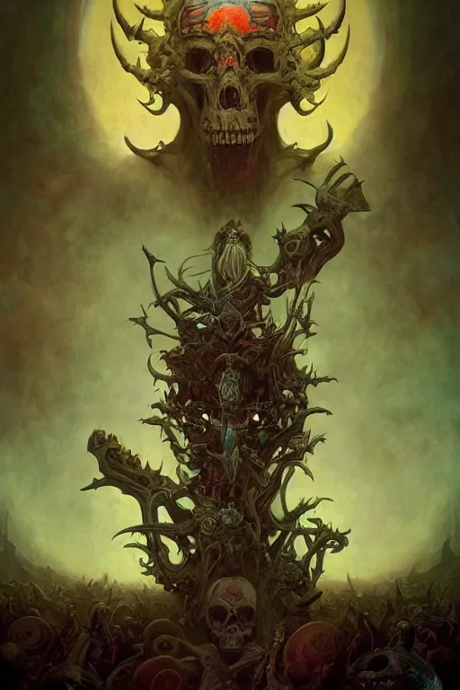 Prompt: evil gigantic skull lord of death, fantasy painting, ultra realistic, wide angle, art nouveau, intricate details, rainbowshift, vivid colors, highly detailed by peter mohrbacher, maxfield parrish, aaron horkey, gaston bussiere, craig mullins