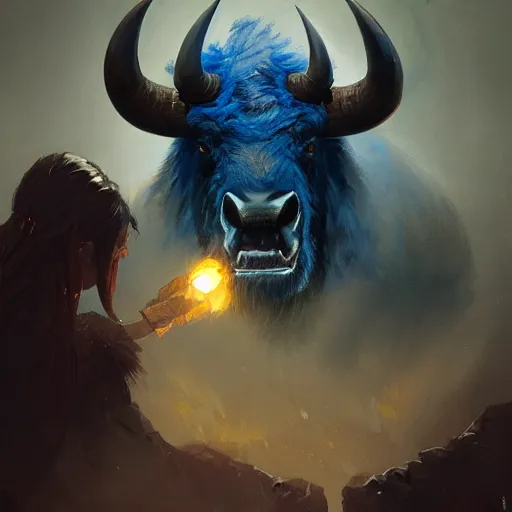 Image similar to angry blue bison portrait by greg rutkowski and frank frazetta, dark fantasy, blue, artstation