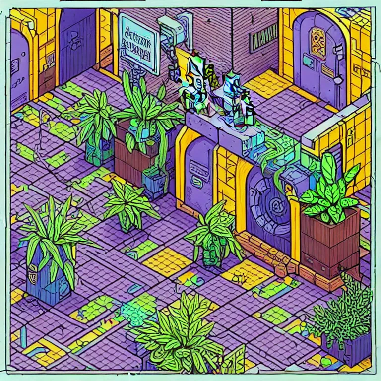 Image similar to an absurdly-detailed isometric cyberpunk alleyway colored-pen drawing as a fancy square tile. Cats and Robots and Potted-Plants.