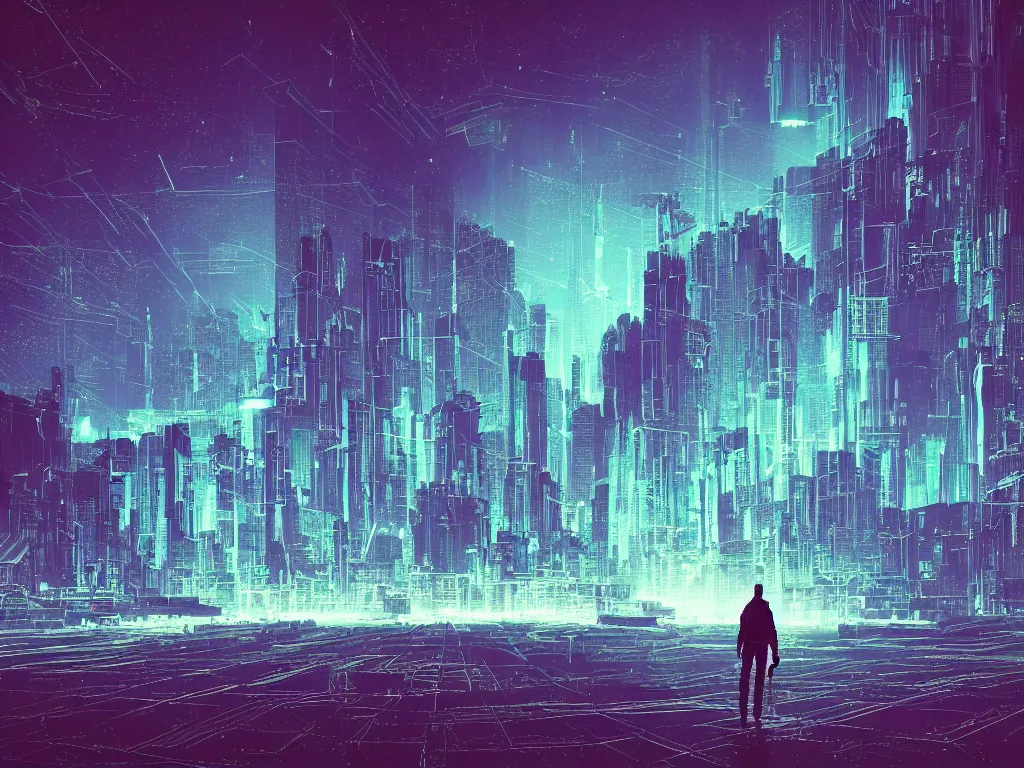 Prompt: synthwave landscape of a lone traveler walking towards a distant cyberpunk castle, cyberspace, grid, virtual, night, wireframe, by John Smith, by Alena Aenami, by Paul Lehr, wide angle, highly detailed, cinematic, Blue and Green color scheme