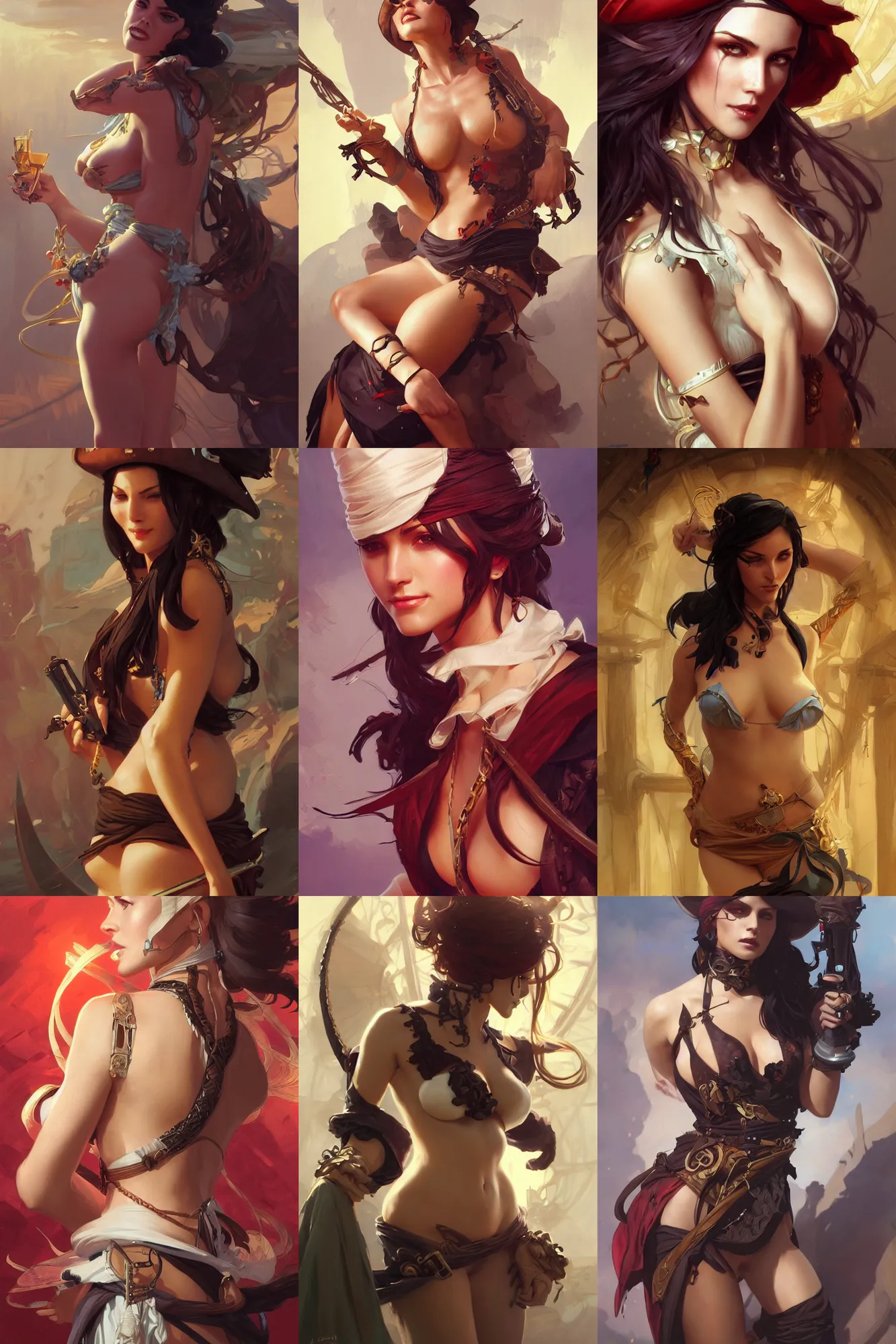 Prompt: sexy pirate woman , elegant, highly detailed, digital painting, artstation, concept art, smooth, sharp focus, illustration, art by artgerm and greg rutkowski and alphonse mucha