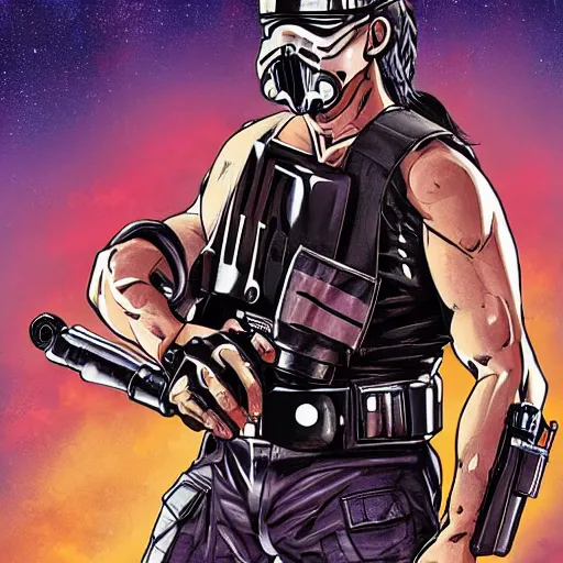 Image similar to muscular man, black vest with no shirt underneath, goggles around his neck, cargo pants, ammo belt, holding a blaster, star wars, long black hair in a ponytail, five o' clock shadow, comic book art, distance shot