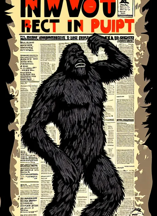 Prompt: bigfoot in retro sci fi pulp newsprint illustration cover