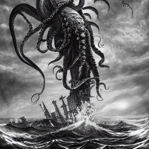 Prompt: kraken devours a huge ship in the style of kentaro miura, 4 k, 8 k, absolute detail of even the smallest details and particles, beautiful shadows, beautiful art, black and white drawing