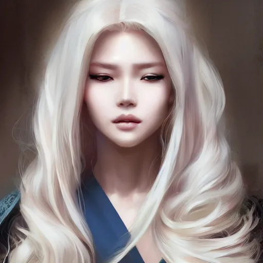 Image similar to a beautiful digital painting of a beautiful woman with long white hair wearing a kimono, by Stanley Artgerm Lau, WLOP, Rossdraws, James Jean, Andrei Riabovitchev, Marc Simonetti, and Sakimichan, trending on artstation, SFW version