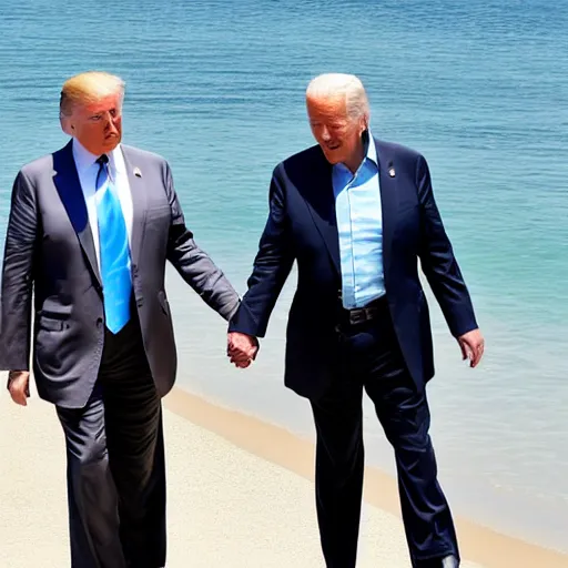 Prompt: candid photo of Donald Trump and Joe Biden secretly holding hands on the beach