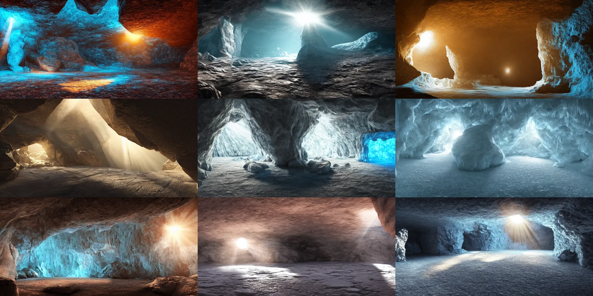 Prompt: an 8K photograph of a cave. the cave is made of ice. the entrance to the cave is in the middle of the photograph. Light rays from the sun hitting the entrance, lighting up the cave. Beautiful colors and shapes. Vray, Octane Render, photorealistic.