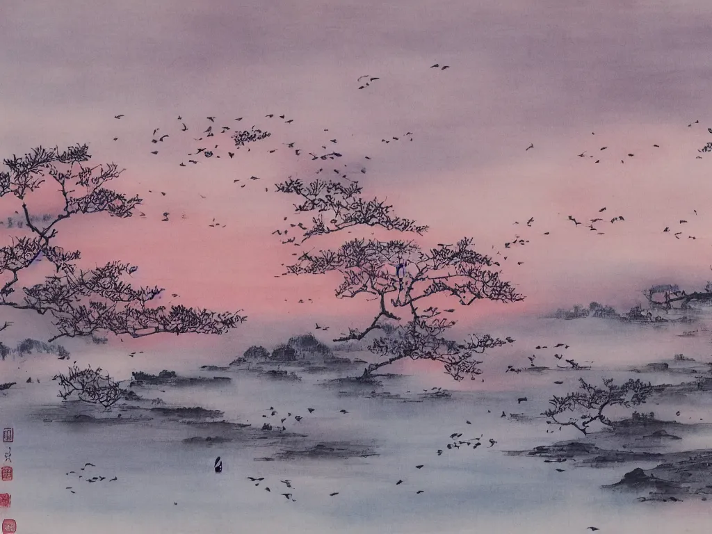 Image similar to rosy clouds fly with lone mallards side by side, autumn waters blend into the hues of th'vast sky, sunset, cinematic landscape ， on a snowy day, natural light, ink painting, traditional chinese painting, by xu beihong