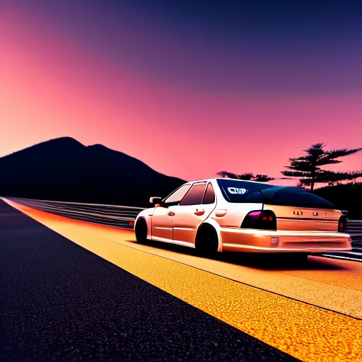 Image similar to a car drifting Toyota JZX100 in middle of road, gunma prefecture, city sunset, cinematic color, photorealistic, highly detailed, bokeh