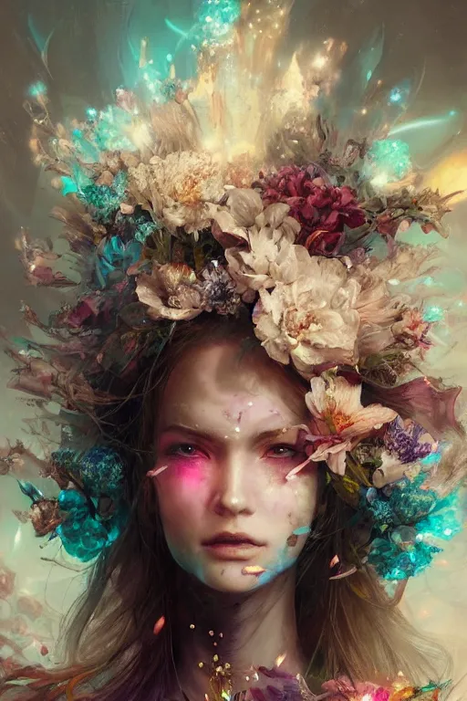 Image similar to face closeup beautiful girl witch covered with crystals exploding into another dimension, 3 d render, hyper realistic detailed portrait, holding magic flowers, ruan jia, wlop. scifi, fantasy, hyper detailed, octane render, concept art, peter mohrbacher