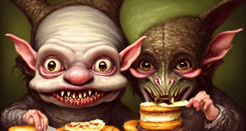 Prompt: closeup profile portrait of a medieval goblin eating cakes in the castle kitchen, nicoletta ceccoli, mark ryden, lostfish, max fleischer, hyper realistic, artstation, illustration, digital paint, matte paint, vivid colors, bright, cheerful, detailed and intricate environment