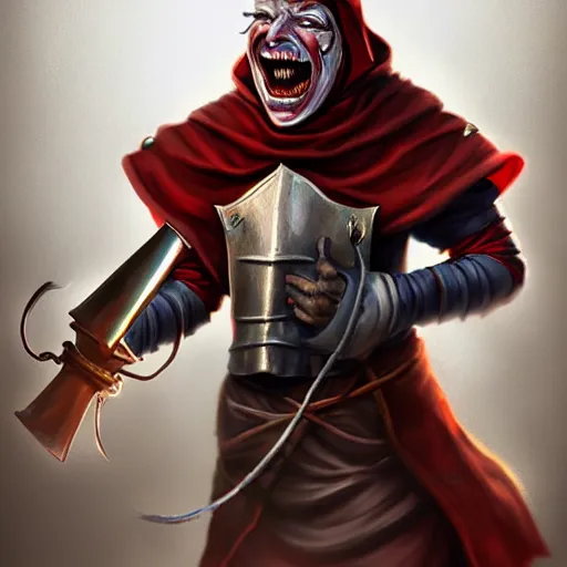 Image similar to of a realistic illustration dumb jester fool crusader knight that is the anti - communism crusader character, full plate, totally mad and yelling, shouting using a megaphone, artstation digital art,,