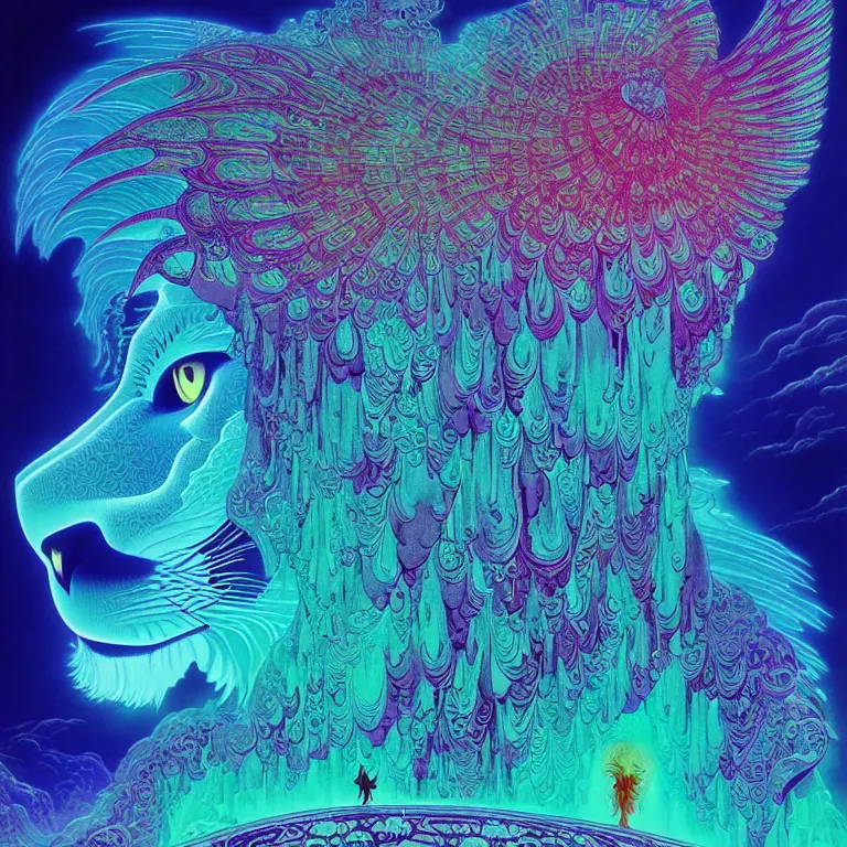 Prompt: mysterious winged lion over crystal temple, infinite fractal tesseract, quantum waves, synthwave, bright neon colors, highly detailed, cinematic, eyvind earle, tim white, philippe druillet, roger dean, ernst haeckel, lisa frank, aubrey beardsley, kubrick